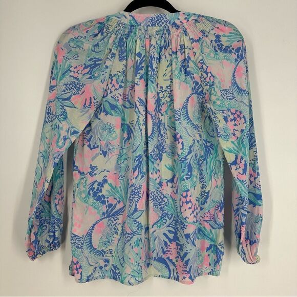 LILLY PULITZER 100% Silk Elsa Mermaids Cove Print Blouse stop Sz XXS Style 41773 - Picture 5 of 8